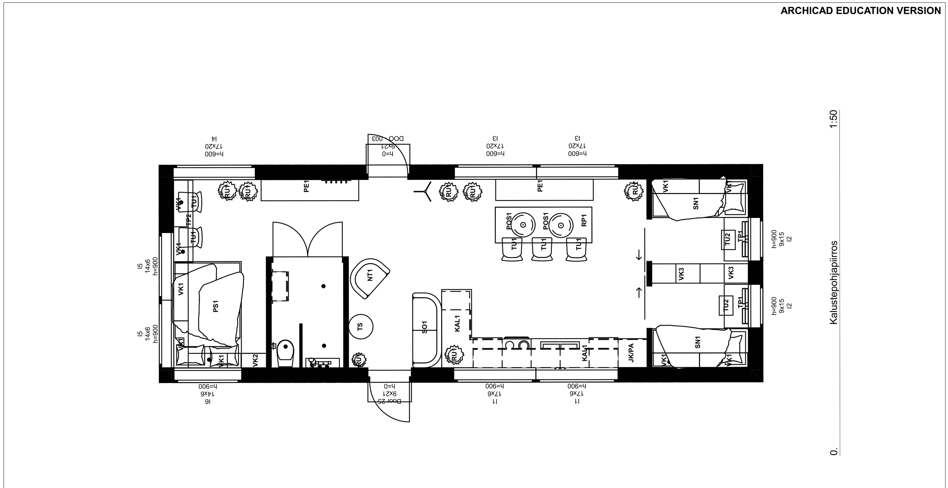 Pohjapiirustus kalusteilla koko minikodista. Tilasta löytyy kaksi pientä makuuhuonetta ja yksi isompi, yhdistetty keittiö-, ruoka- ja olohuone, sekä kylpyhuone.