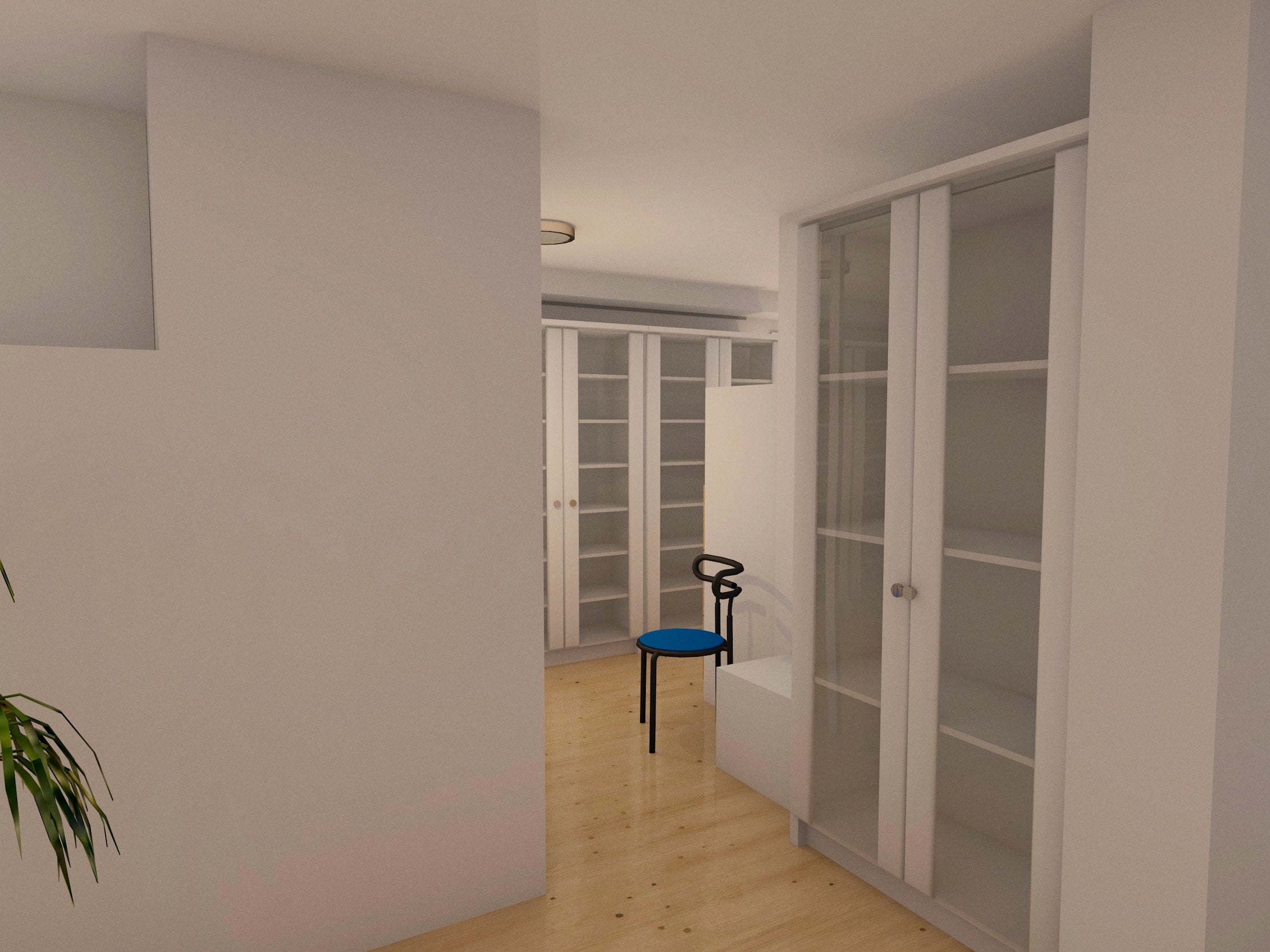 3D-mallinnus eteisestä, johon on tehty valaistussuunnitelma, tässä kuvassa näkee uuden valaistuksen kirkkailla valoilla.