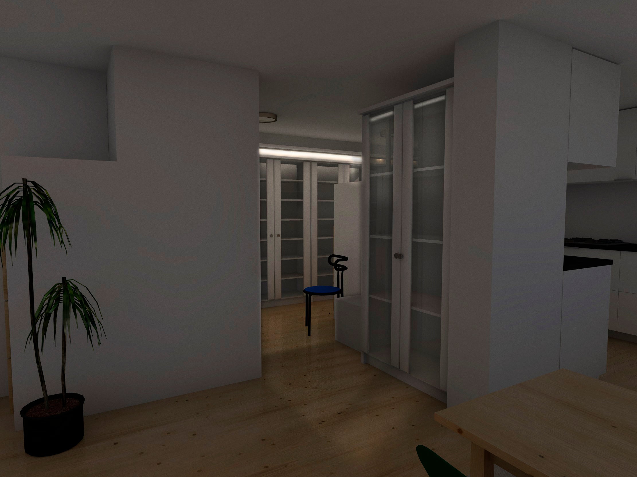 3D-mallinnus eteisestä, johon on tehty valaistussuunnitelma, tässä kuvassa näkee uuden valaistuksen tunnelma valaistuksella.