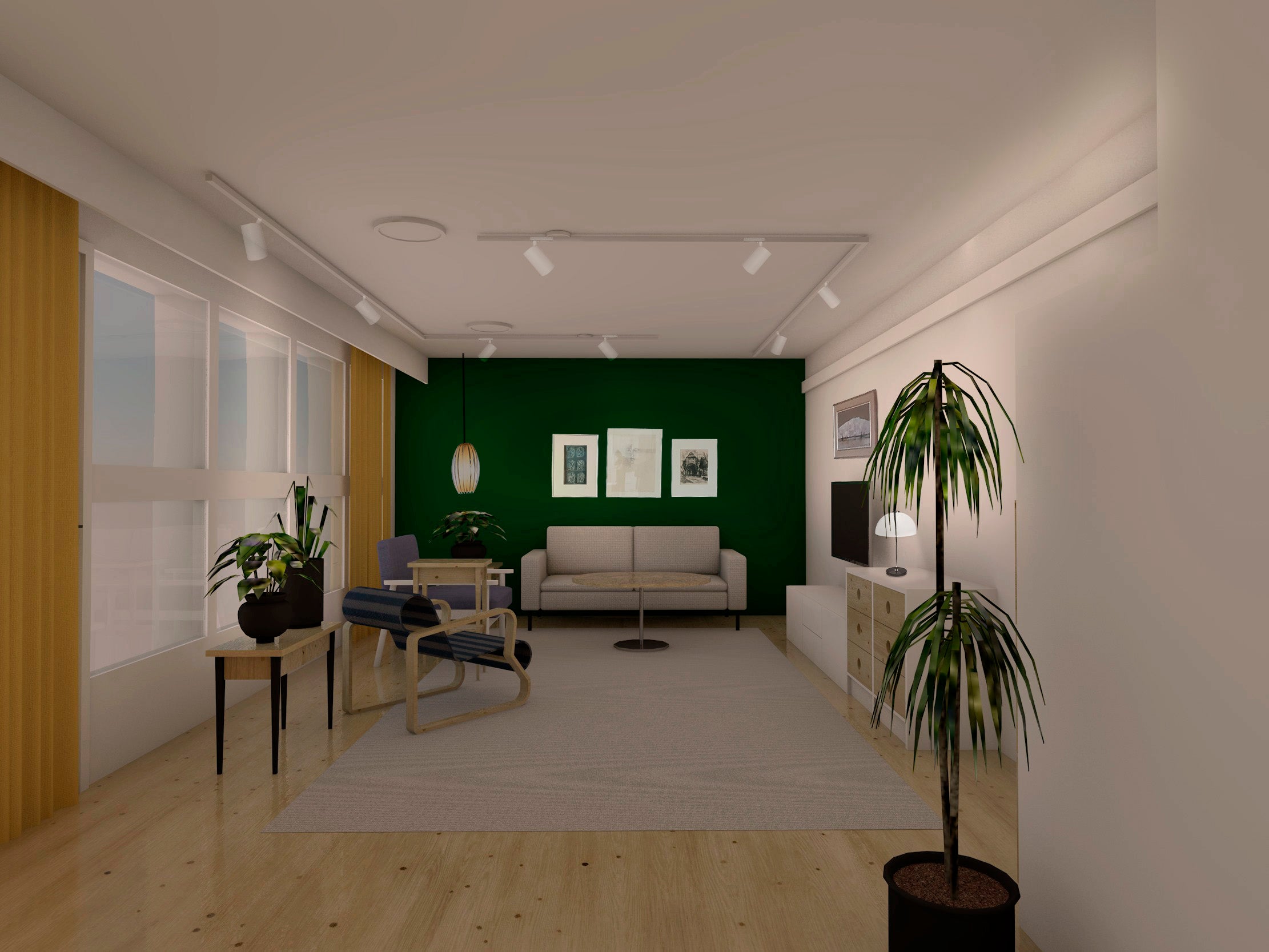 3D-mallinnus olohuoneesta, johon on tehty valaistussuunnitelma, tässä kuvassa näkee uuden valaistuksen kirkkailla valoilla.