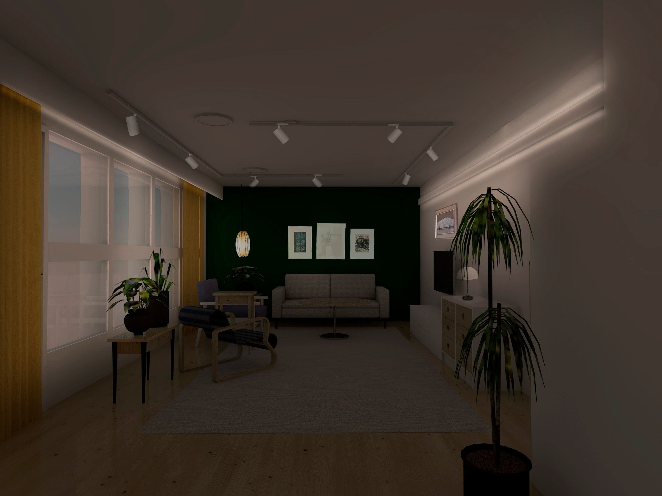 3D-mallinnus olohuoneesta, johon on tehty valaistussuunnitelma, tässä kuvassa näkee uuden valaistuksen tunnelma valaistuksella.