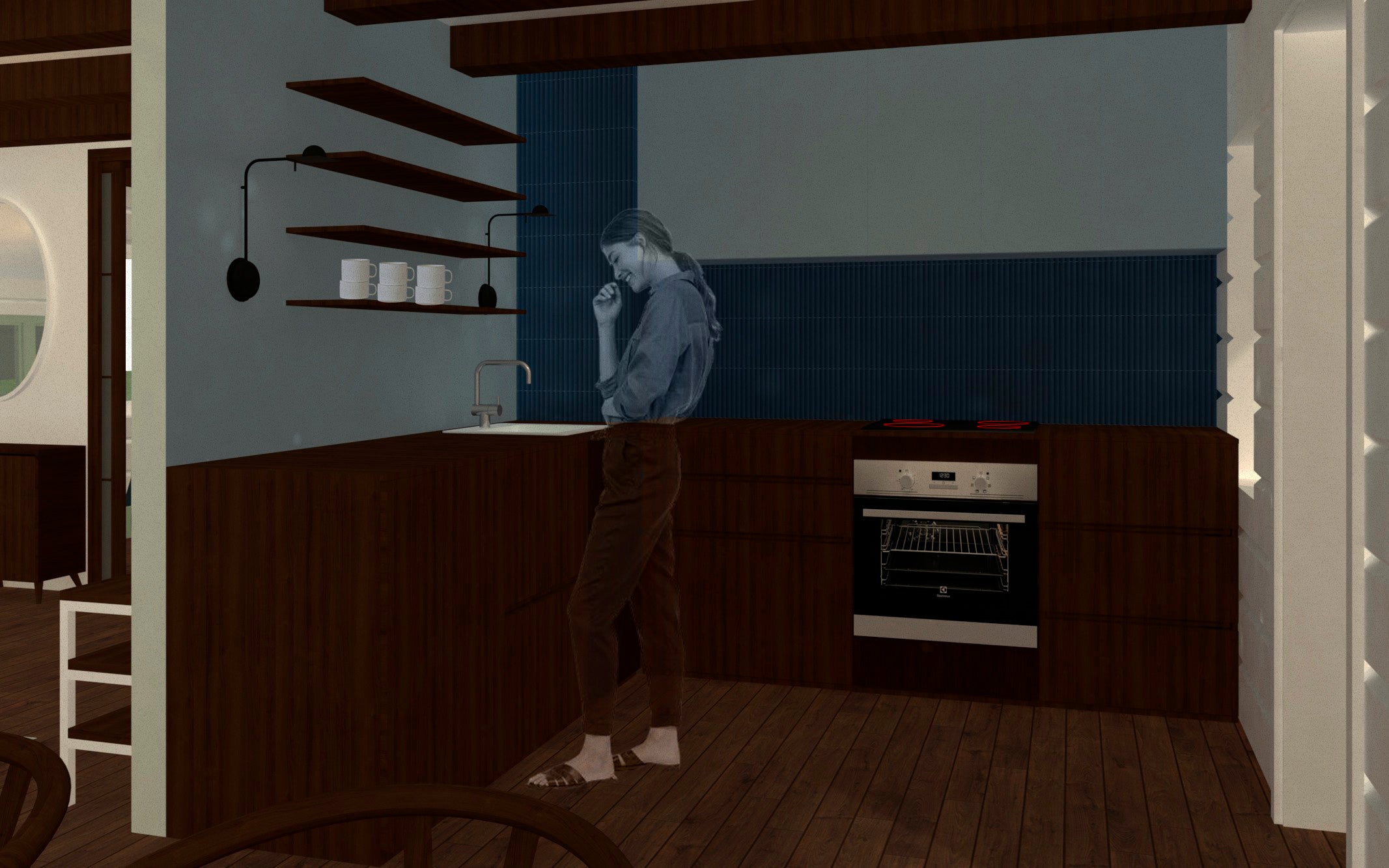 3D-mallinnettu kuva, uudesta suunnitelmasta 40-luvun hirsimökin keittiöön. sävyt ovat tunnelmallinen sininen ja tumma puu. 