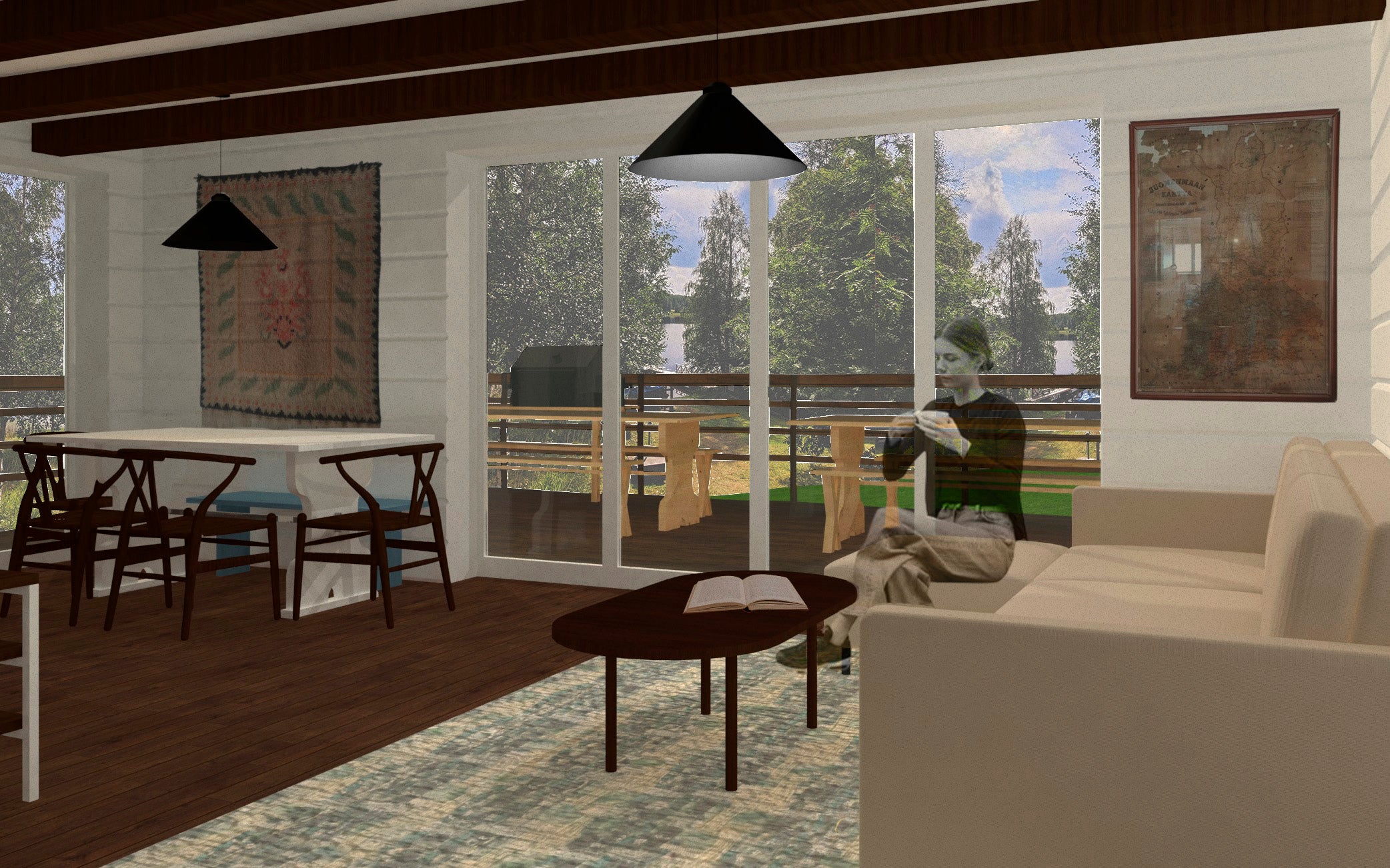 3D-mallinnus olohuoneesta ja ruokailutilasta. Uusista liukuovista avautuu näkymä mökin terassille.