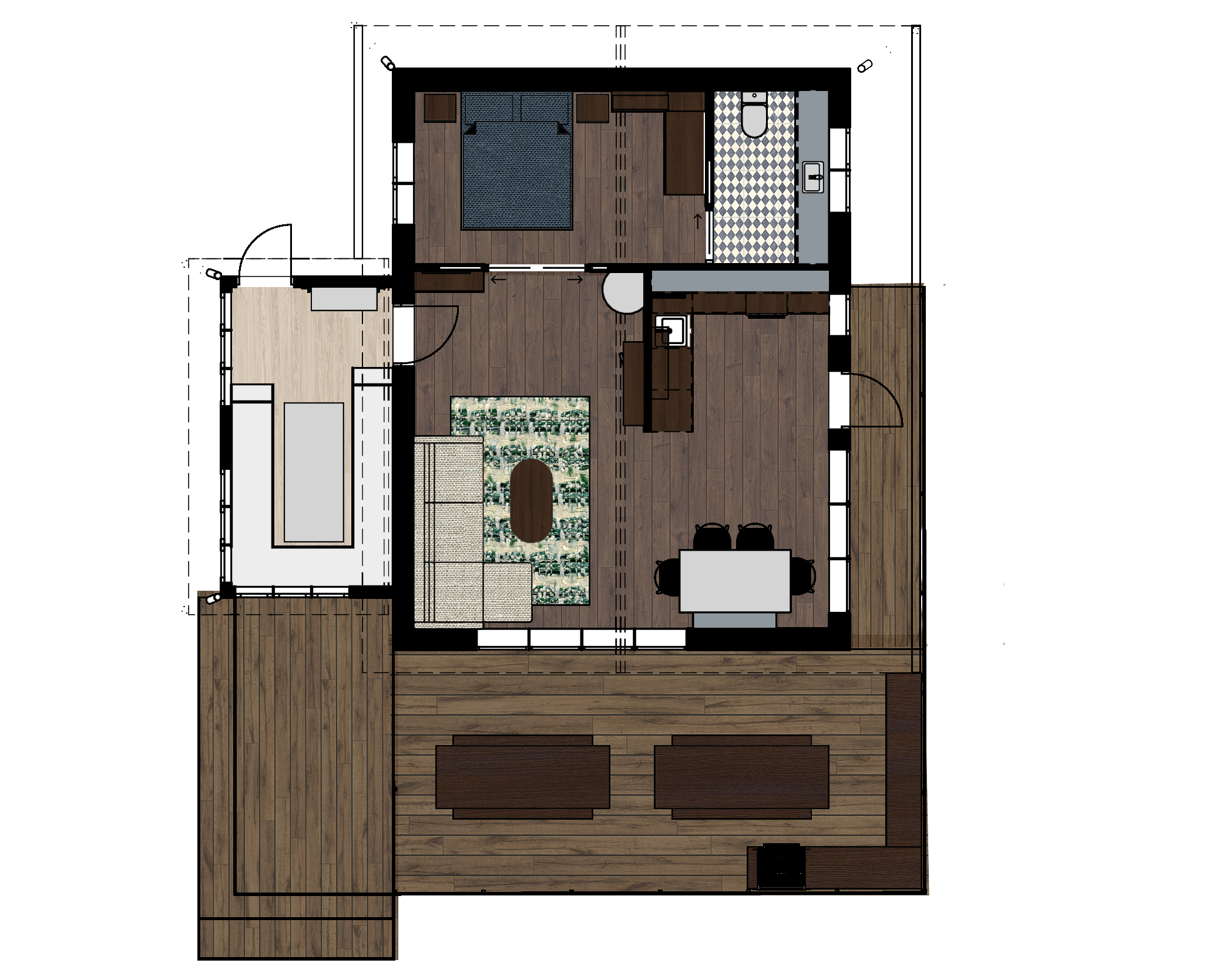 Materiaali/kaluste/pohjapiirustus uudesta mökistä.