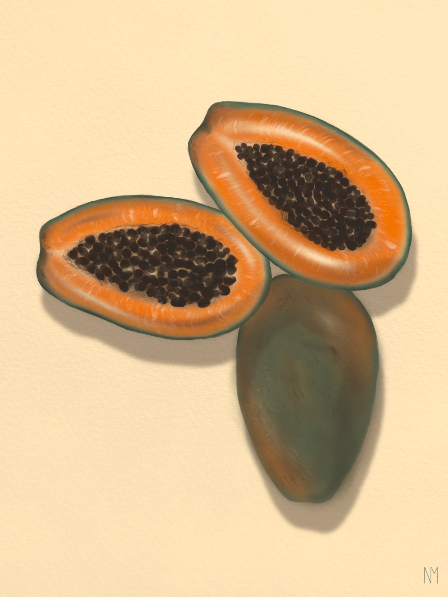 Kuvassa on kolme papayaa oranssihtavalla pohjalla