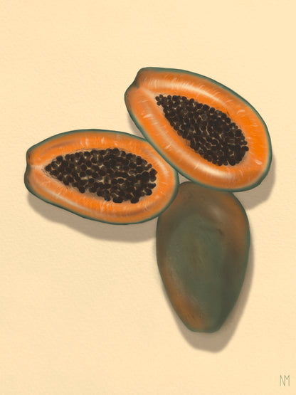 Kuvassa on kolme papayaa oranssihtavalla pohjalla