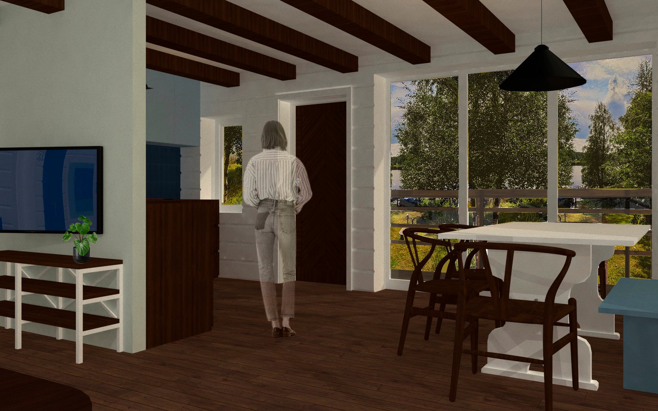 3D-mallinnus uudesta ruokailutilasta ja keittiöstä, olohuoneesta päin katsottuna.