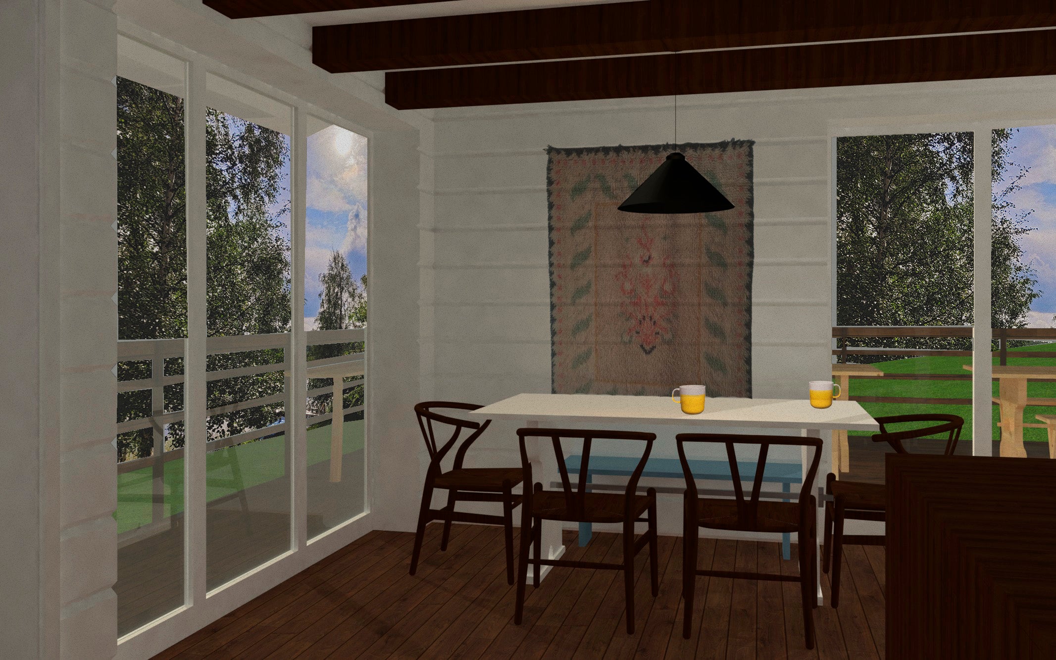 3D-mallinnus kuva mökin uudesta ruokailutilasta. Uusista ikkunoista avautuu järvimaisema.