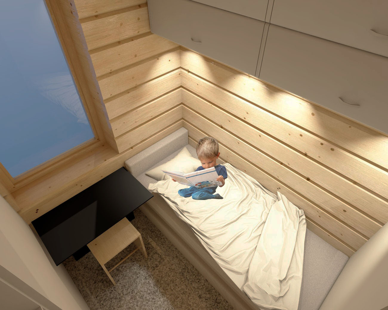 3D-mallinnus toisesta pienemmästä makuuhuoneesta, tilassa on lasten sänky, työpöytä ja säilytystilaa.