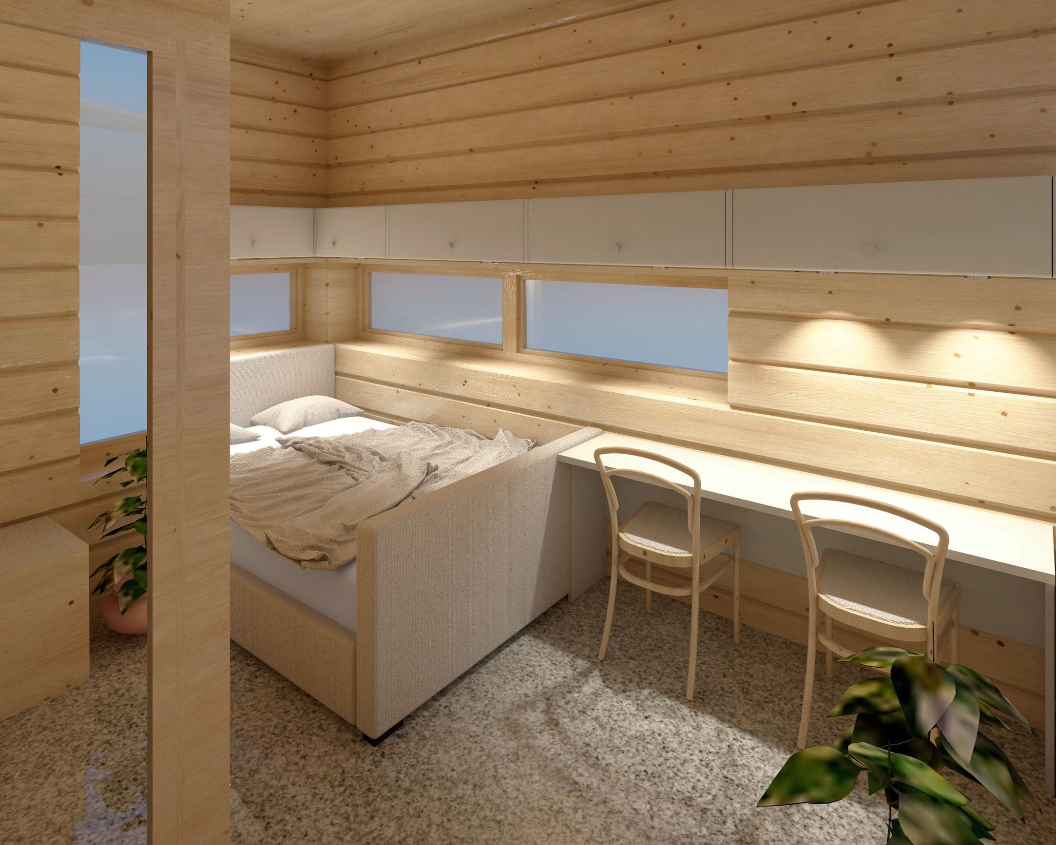 3D-mallinnus minikodin aikuisten makuuhuoneesta. Koko kodin läpi jatkuva koivu materiaali näkyy täällä paljon.