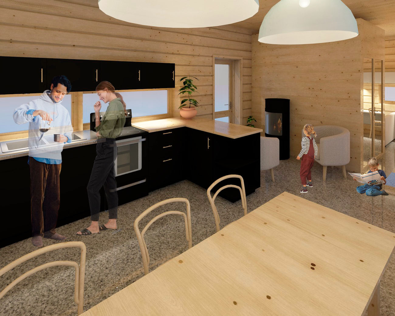 3D-mallinnus kuva minikodin keittiö/ruokailutilasta, tilassa on pääasiallisena materiaalina koivu ja keittiöstä löytyy myös paljon mustaa.